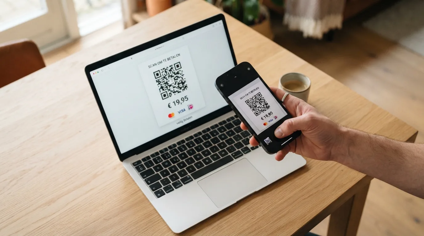 Een hand scant met een smartphone een QR-code voor een Bancontact-betaling bij een laptop