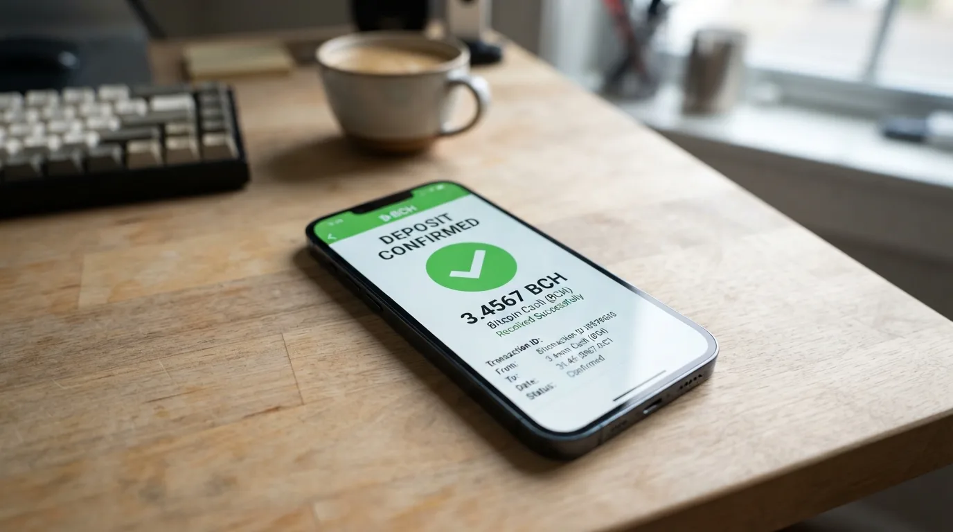 Een smartphone met een Bitcoin Cash-wallet en een transactiebevestiging op het scherm.