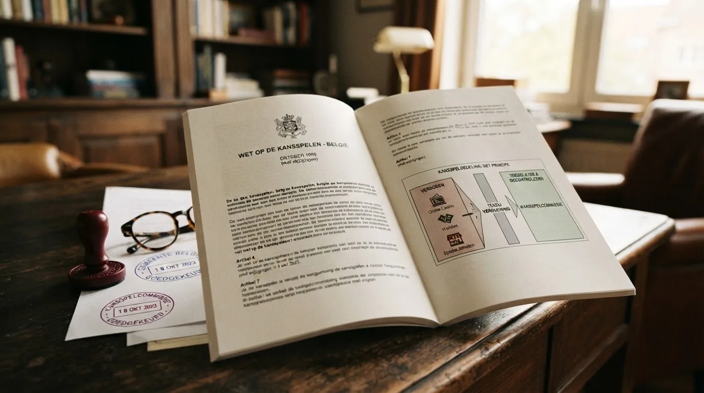 Document met de Belgische kansspelwet en het logo van de Kansspelcommissie op een bureau