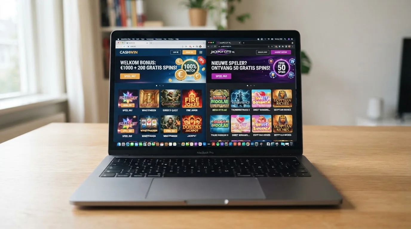 Een laptop met twee casinolobby's naast elkaar ter vergelijking.