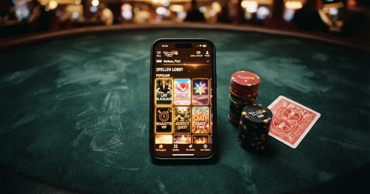 Smartphone met een casino-app open op een speeltafel, Nederlandse interface