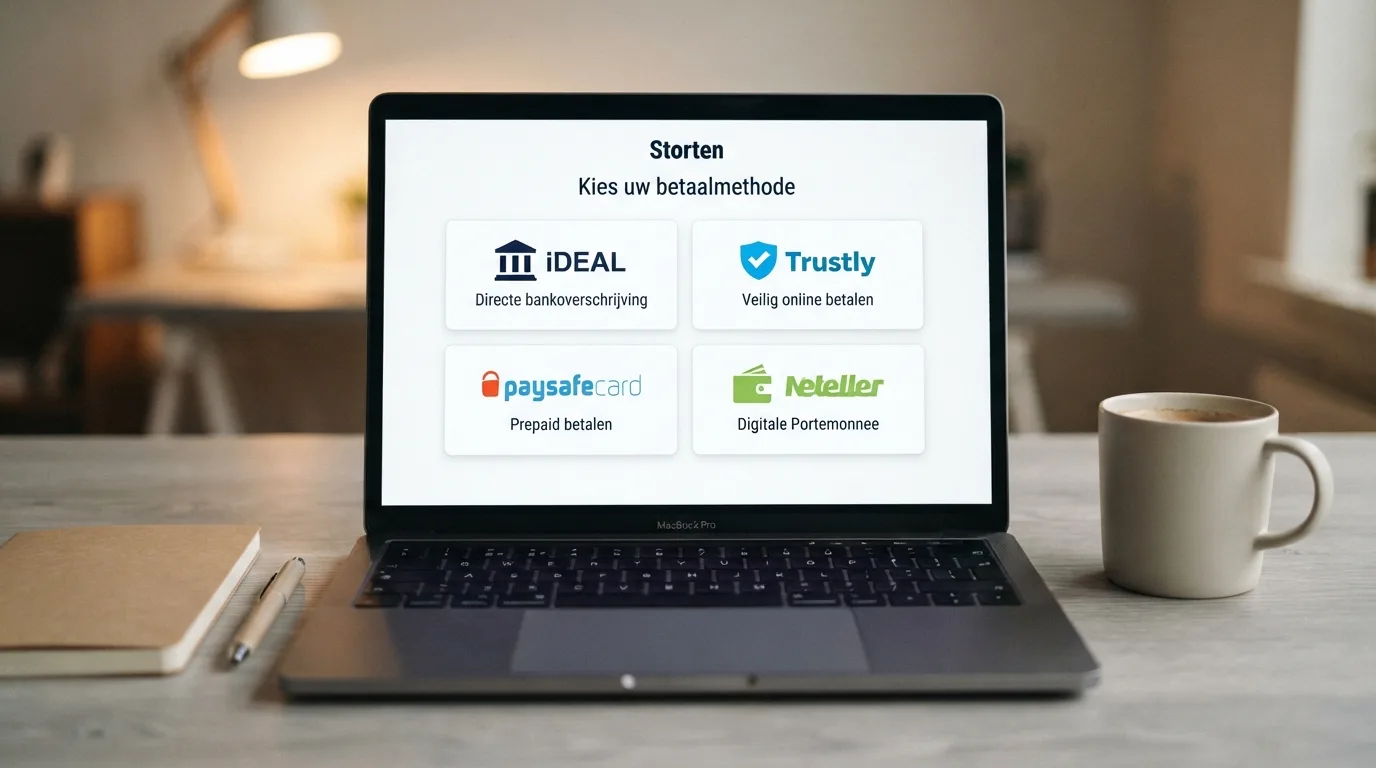 De kassa-pagina van een Nederlands online casino toont iDEAL, Trustly, Paysafecard en PayPal als beschikbare stortingsopties