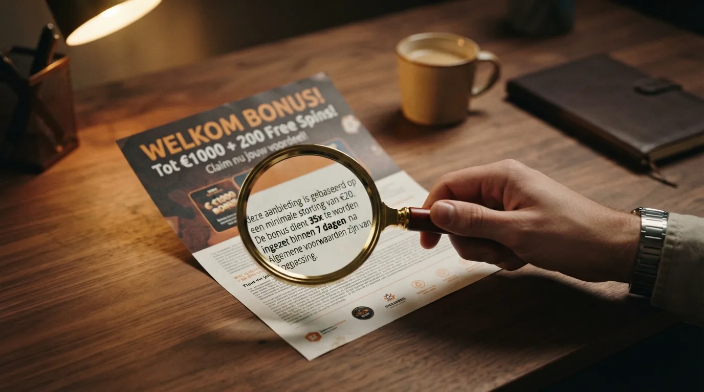 Een uitvergroot bonusaanbod met een loep die de kleine lettertjes zichtbaar maakt, waarin '35x wagering' en '7 dagen geldig' oplichten