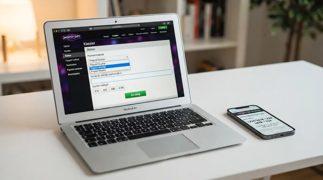 Een laptopscherm met de casino-kassa waar “CashtoCode” is geselecteerd, met daarnaast een smartphone die een e-mail met de 20-cijferige vouchercode toont.