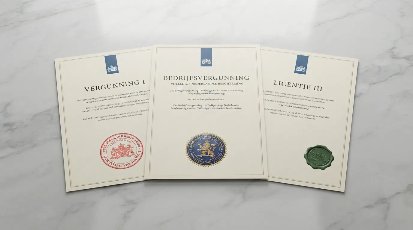 Drie vergunningsdocumenten naast elkaar, elk met een stempel: Ksa, MGA en Curaçao