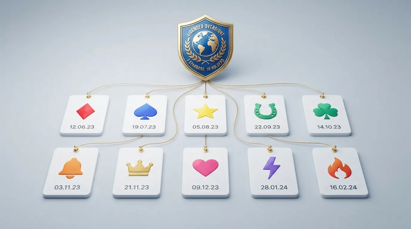 Een overzichtelijke rasterweergave van tien Nederlandse casino-licenties, elk met een eigen vignet en startdatum.