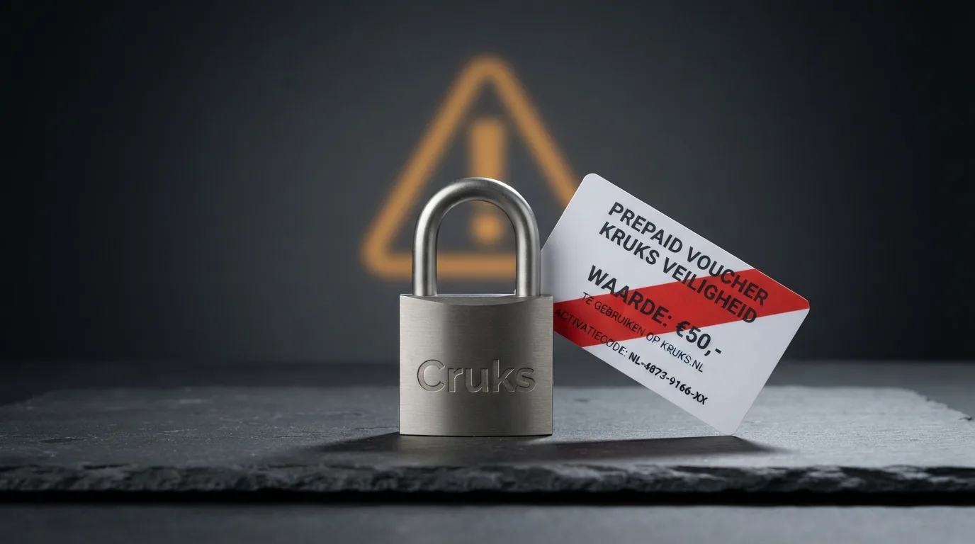 Een slot met daarop 'Cruks' en een doorgestreepte Paysafecard-kaart, op de achtergrond een waarschuwingsicoon