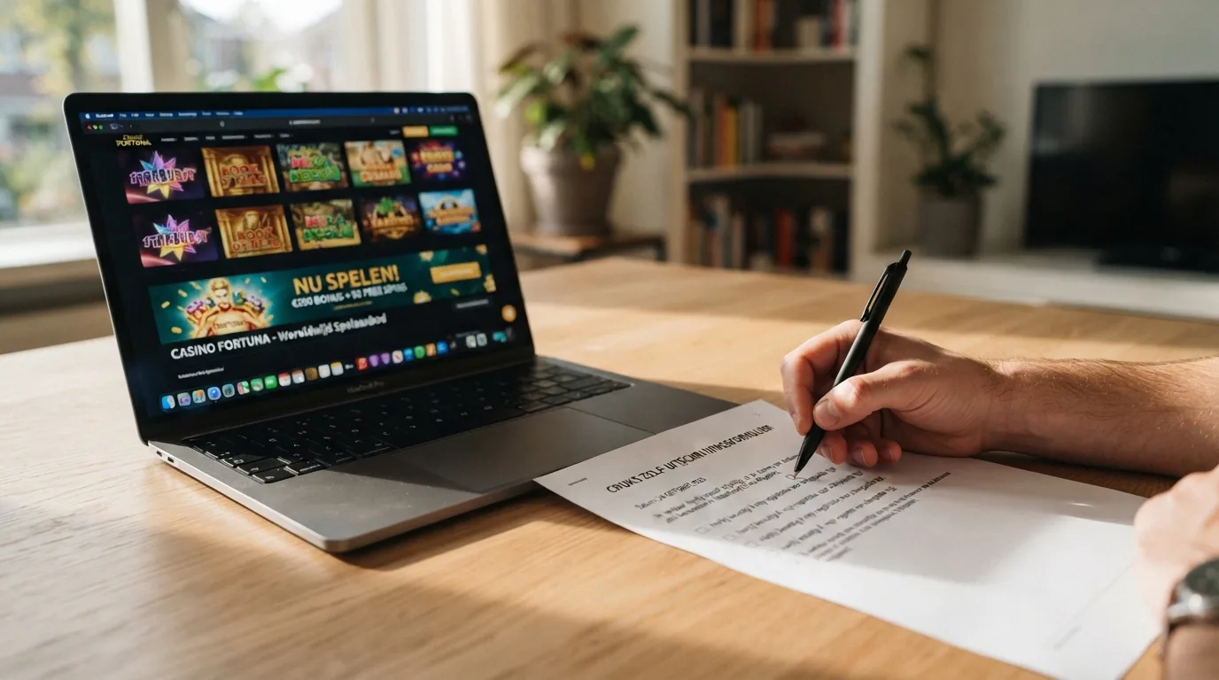 Een hand die een Cruks-formulier invult naast een laptop met een buitenlandse casinosite