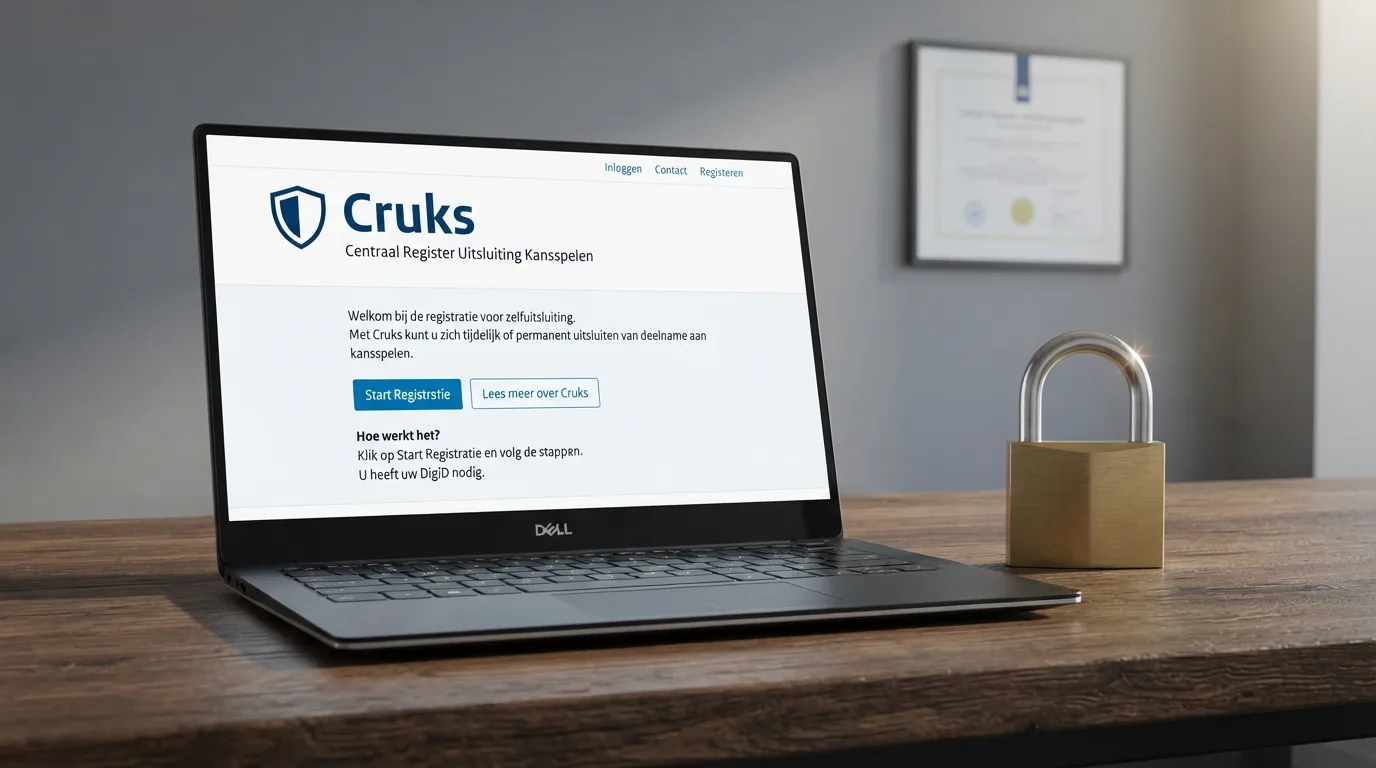 Een laptopscherm met de officiële Cruks-website en het Kansspelautoriteit-logo, naast een vergrendeld hangslot.