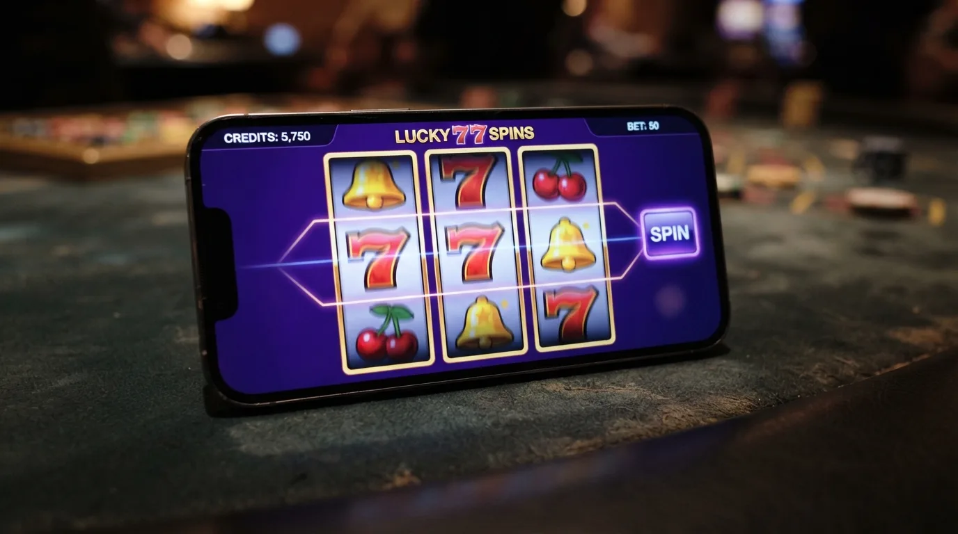 Een iPhone in liggende modus met een kleurrijke gokkast die het volledige scherm vult