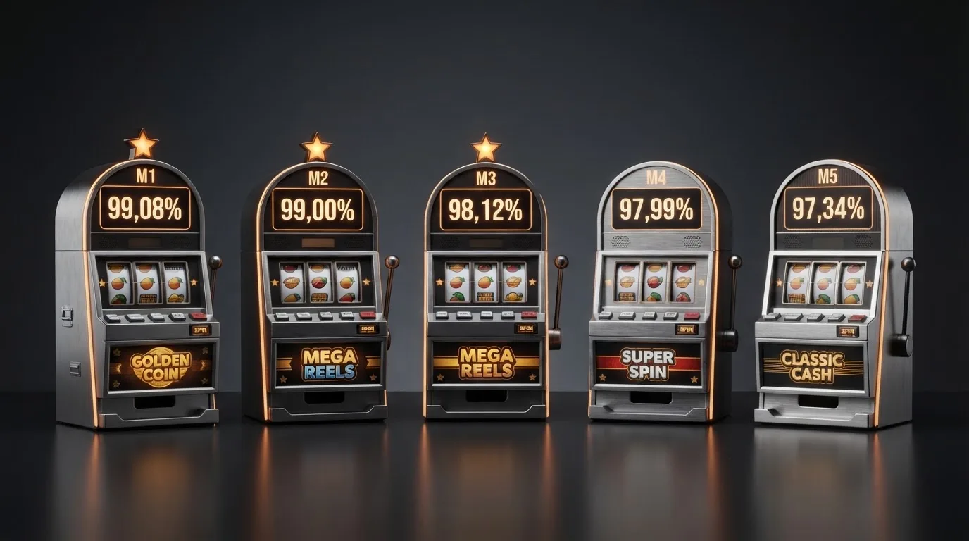 Vijf gokkasten met de hoogste RTP in Nederland naast elkaar, met hun percentages, providerlogo's en een markering bij de slots die alleen optimaal renderen met de juiste speelstrategie