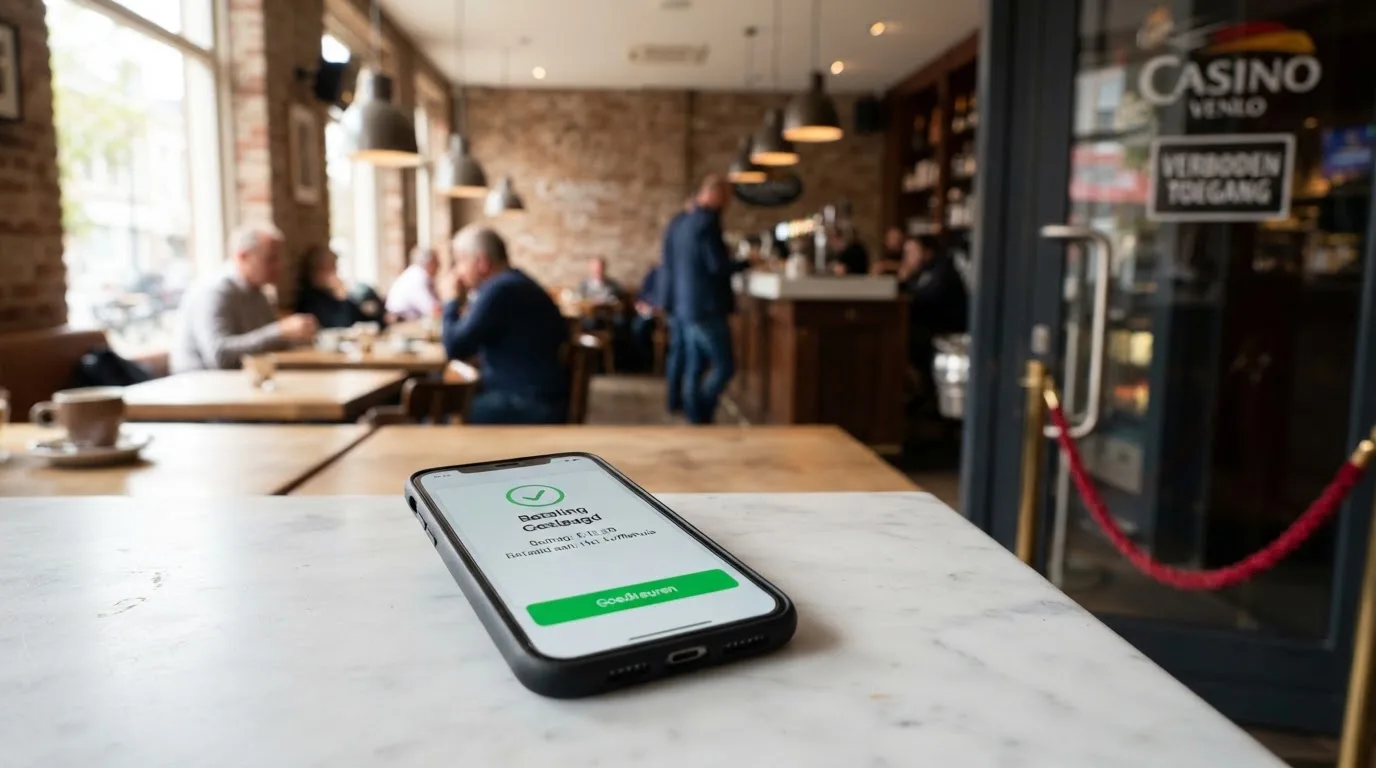 Een smartphone met het iDEAL-betaalscherm, met op de achtergrond de logo's van Nederlandse grootbanken, en één doorgestreept casino-logo zonder Cruks