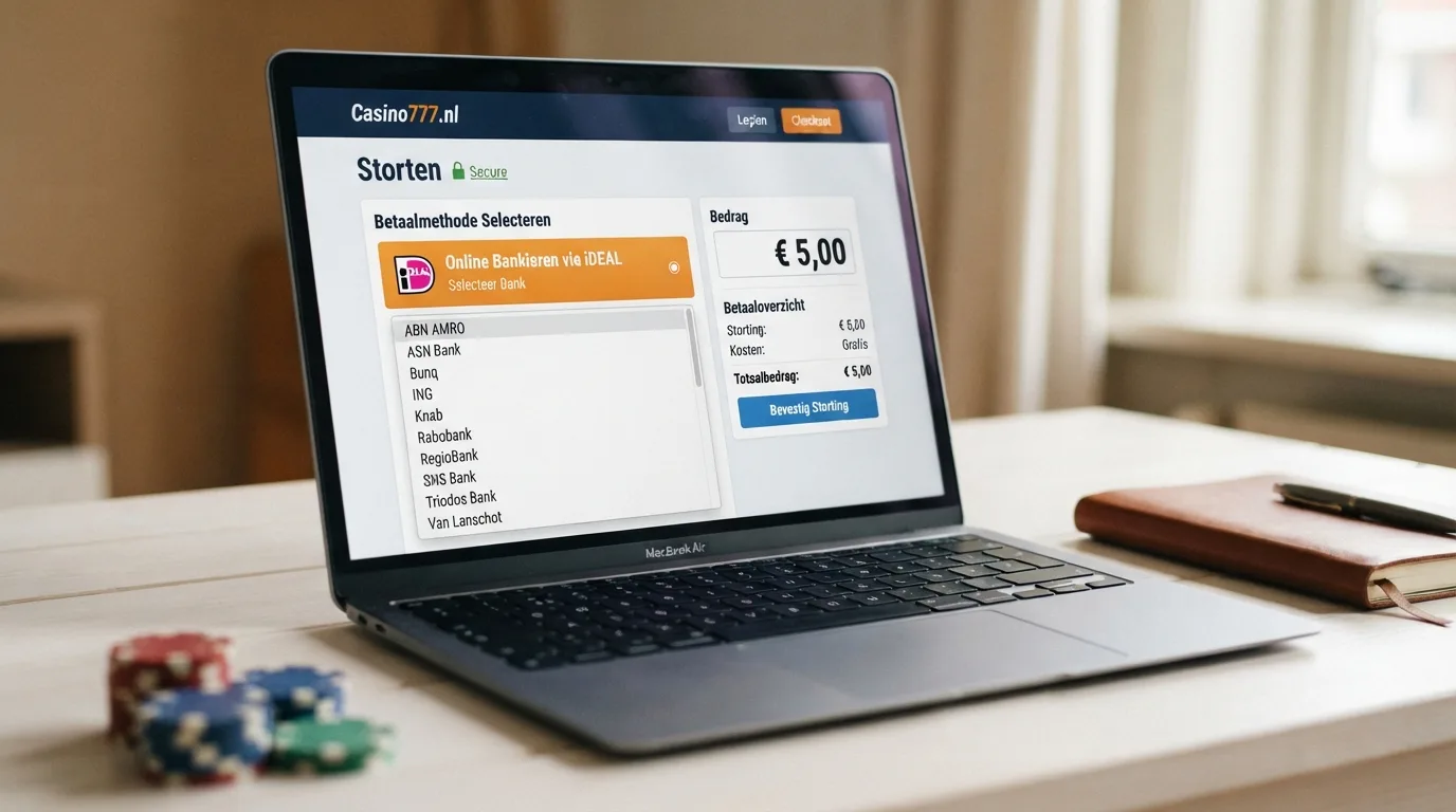 Een betaalpagina met iDEAL als gekozen betaalmethode en een stortingsveld van vijf euro