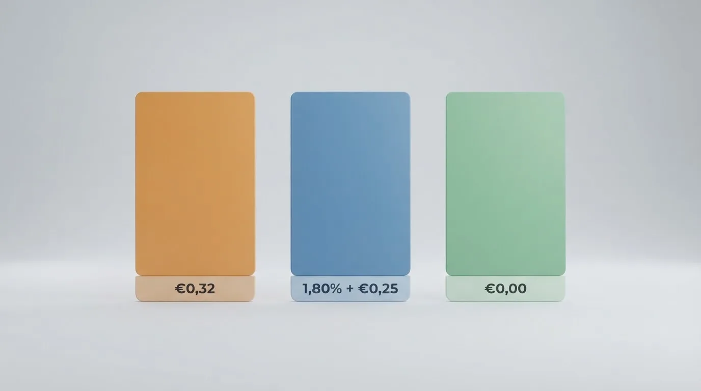 Een vergelijkend overzicht van betaalmethoden met iDEAL, Google Pay en Trustly naast elkaar, met hun transactiekosten in euro's