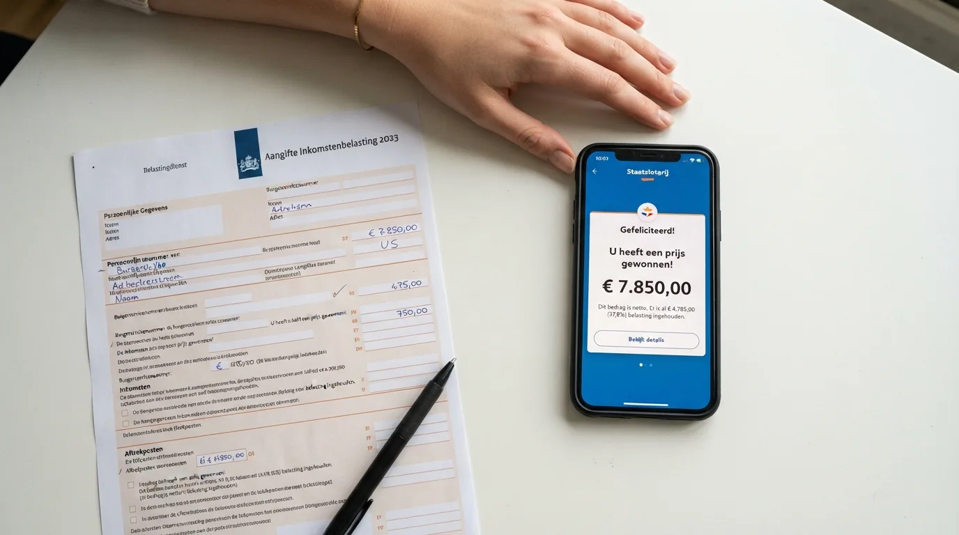 Een Nederlands belastingformulier naast een jackpotwinst-notificatie op een telefoonscherm, met het percentage 37,8% uitgelicht