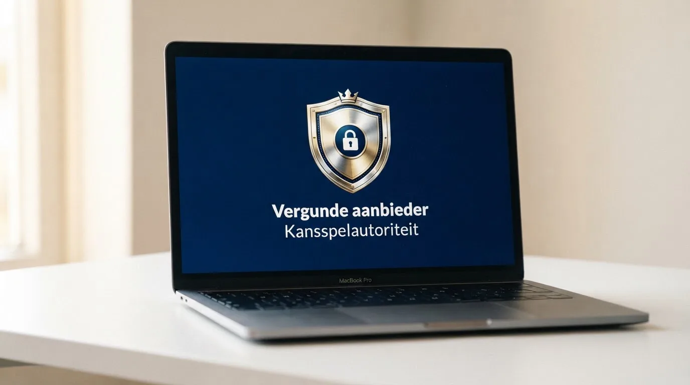 Een close-up van het KSA-keurmerk op een scherm, met een slotje en de tekst “Vergunde aanbieder — Kansspelautoriteit”