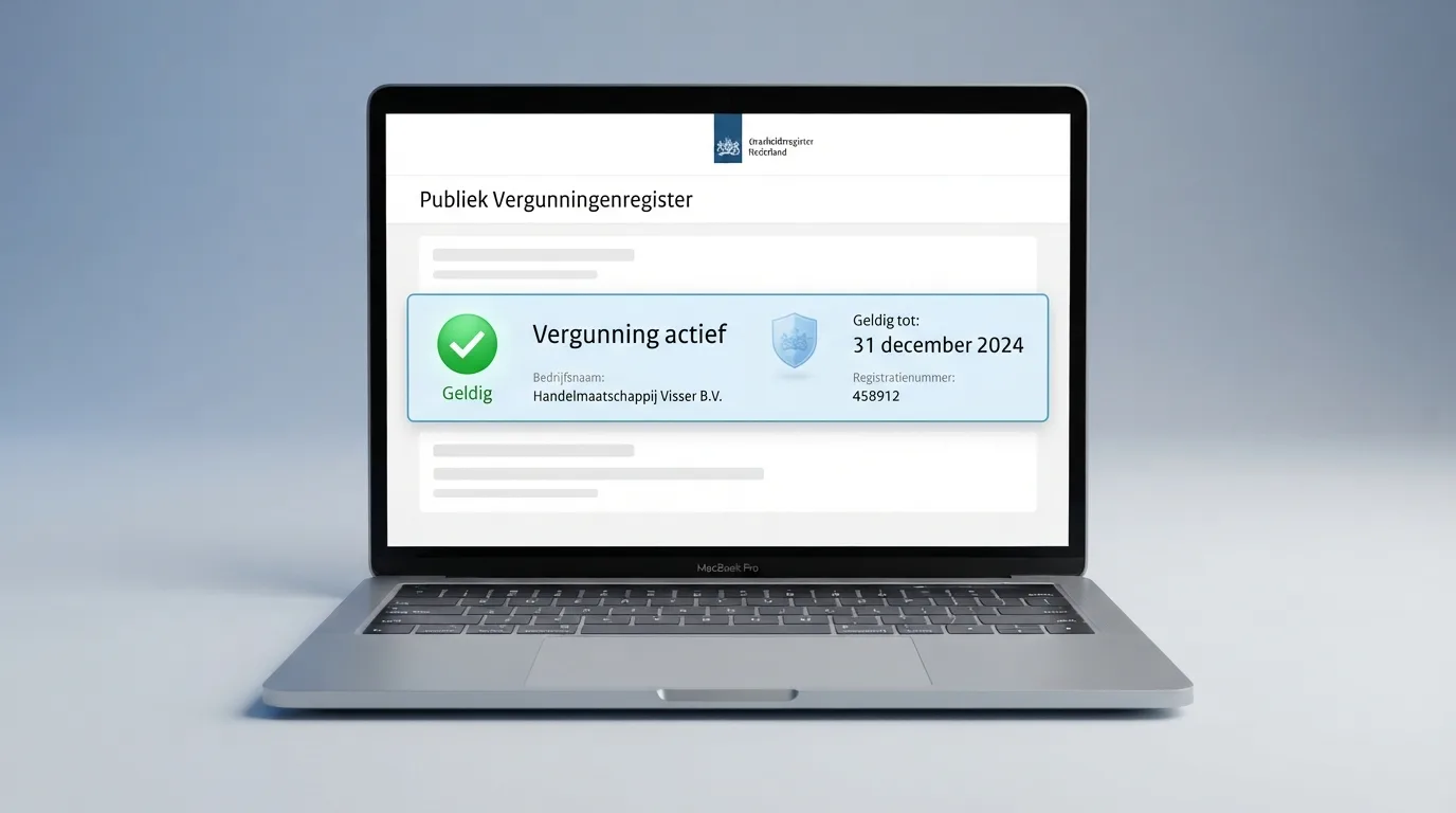 Een scherm met het online vergunningenregister van de Kansspelautoriteit met een uitgelichte casino-vergunning