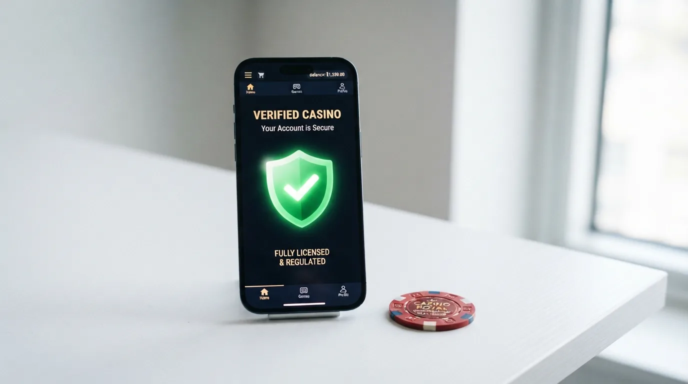 Een iPhone met een casino-app in beeld en daaroverheen het KSA-keurmerk als visuele laag