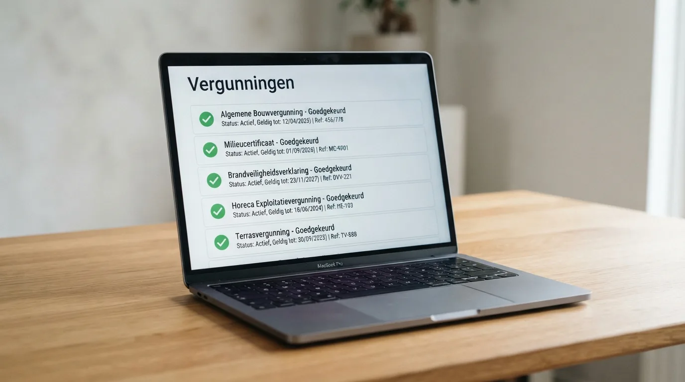 Het logo van de Kansspelautoriteit op een scherm met een vergunningenoverzicht