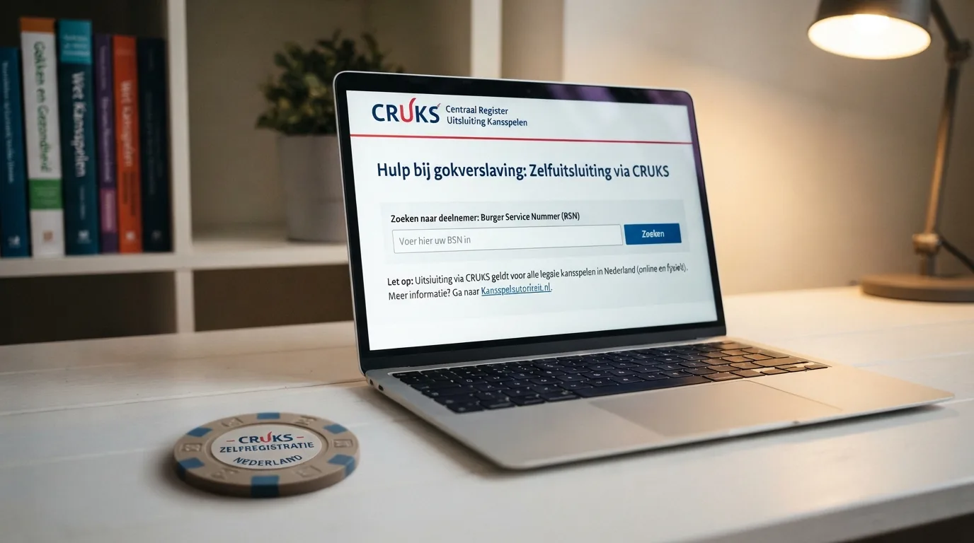 Een laptop met de Kansspelautoriteit-website en het Cruks-register open — naast het scherm een Nederlandse ID-kaart