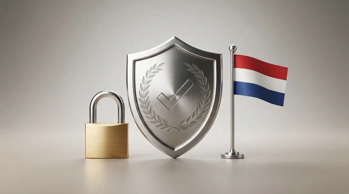 Het logo van de Kansspelautoriteit op een beeldscherm naast een slotje en een Nederlands vlaggetje