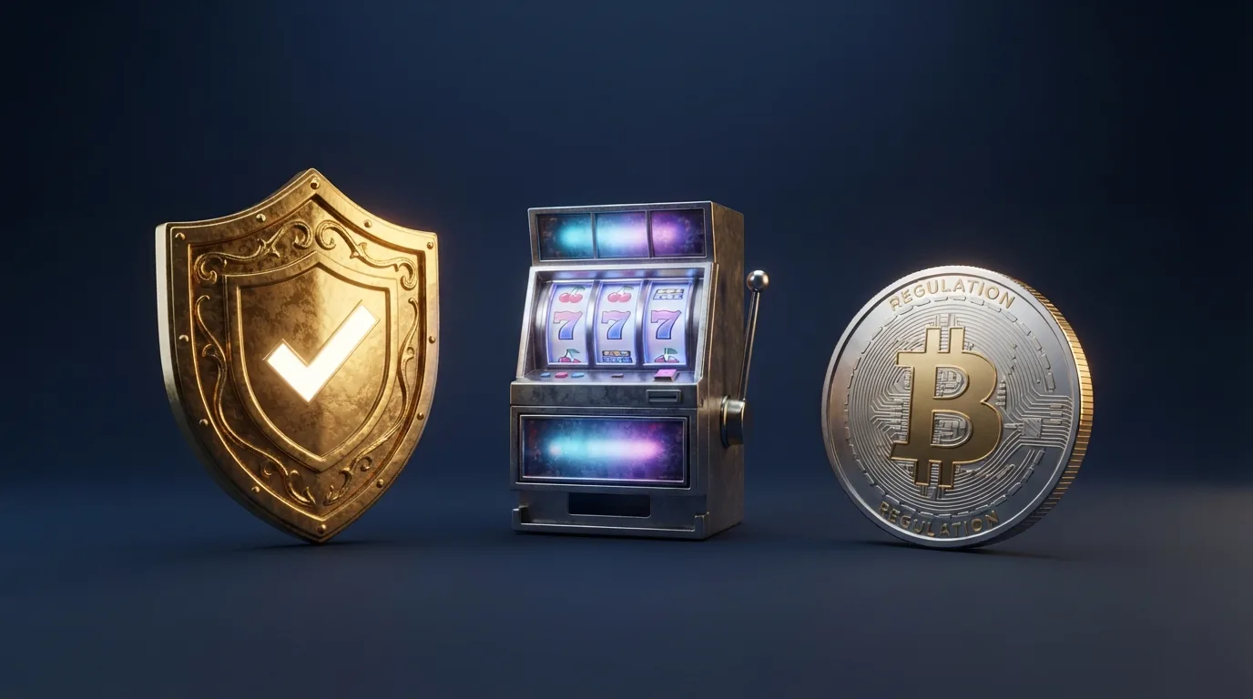 Het logo van de Kansspelautoriteit naast een slotmachine en een cryptocurrency-symbool