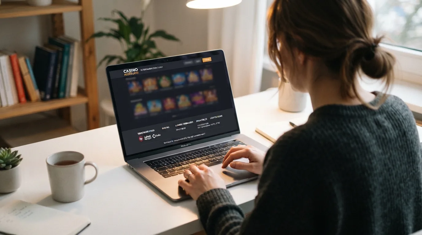 Het KSA-keurmerk onderaan de website van een online casino, met een cursor die het logo aanwijst