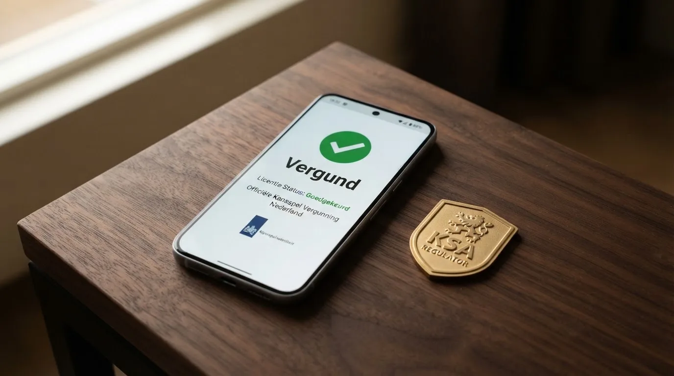 Het logo van de Kansspelautoriteit naast een smartphone die het vergunningenregister toont op het scherm