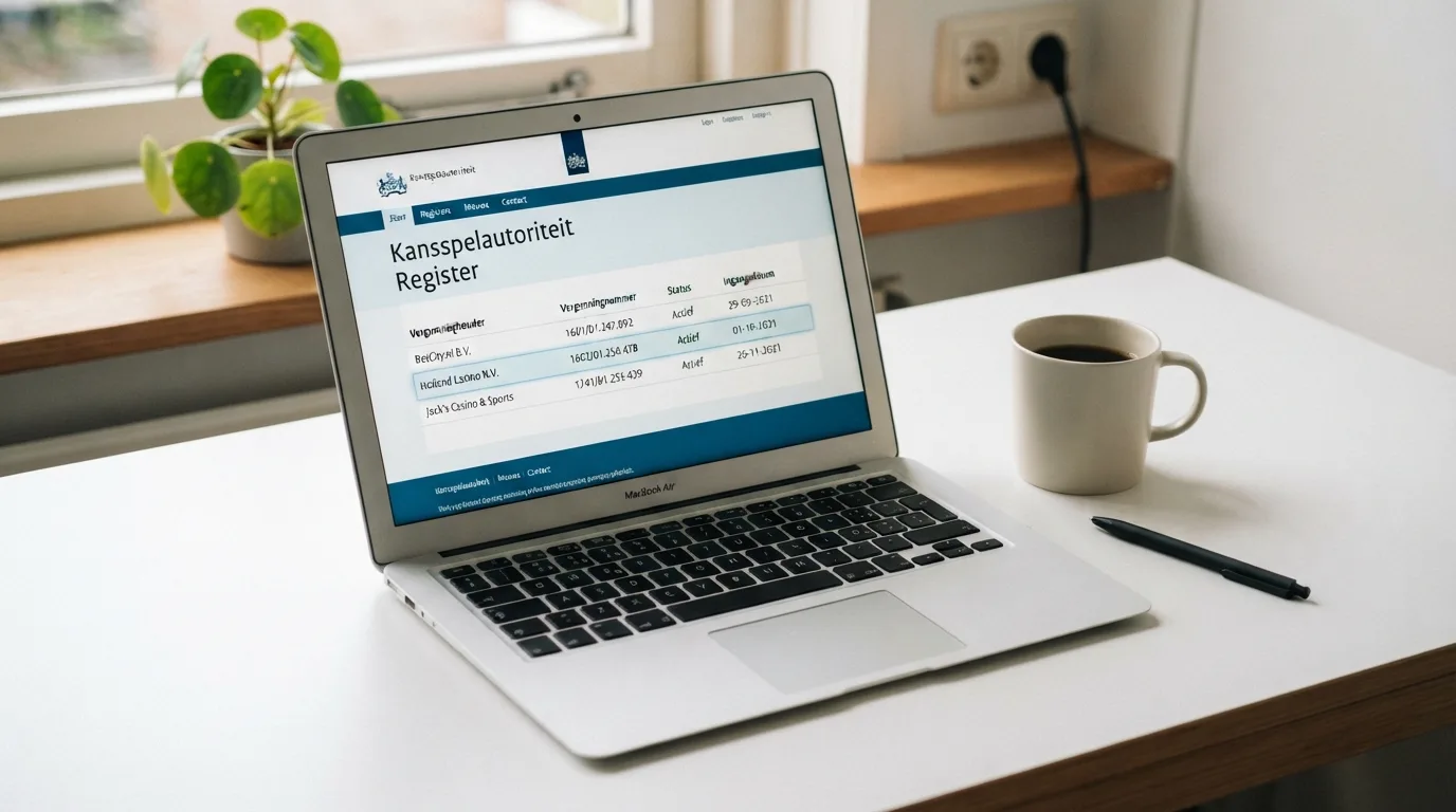 Een laptopscherm met de website van de Kansspelautoriteit, waarop het openbare vergunningenregister zichtbaar is met een uitgelichte KSA-vergunning