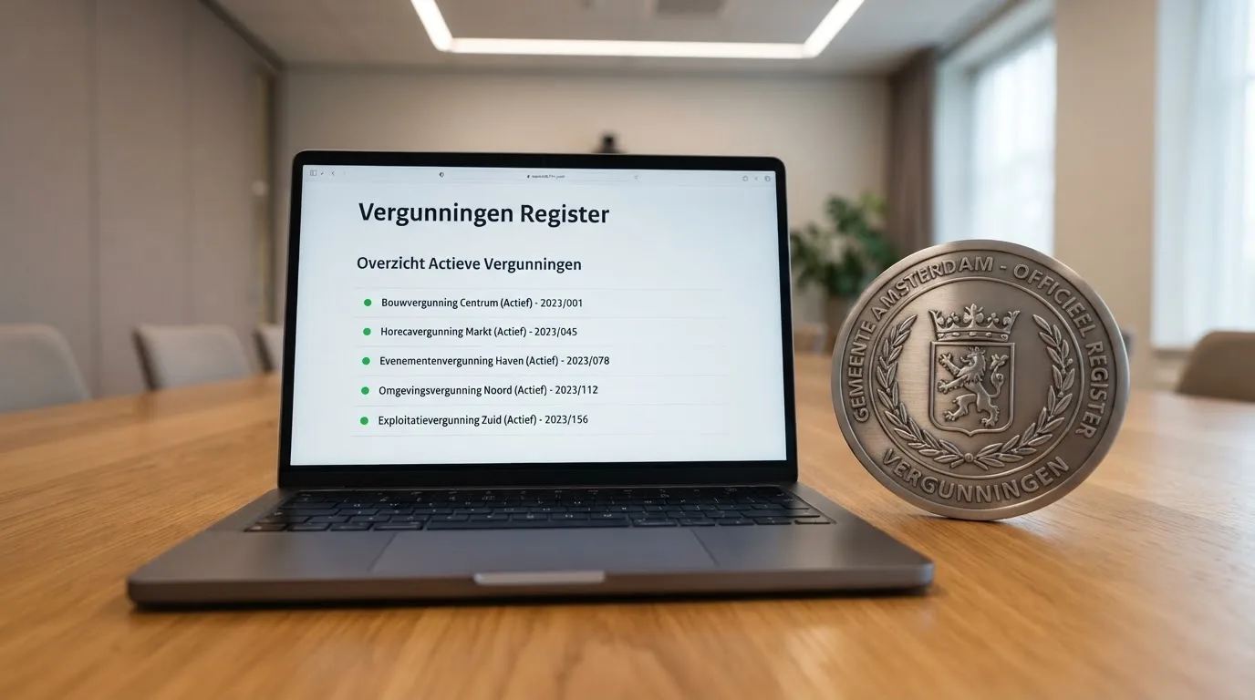 Logo van de Kansspelautoriteit naast een laptopscherm met het openbare vergunningenregister