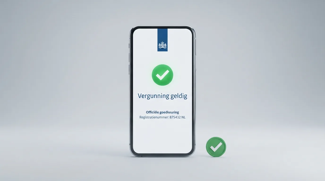 Een smartphone die een Ksa-vergunningspagina uit het online register toont naast een Trustly-betaalbevestiging.