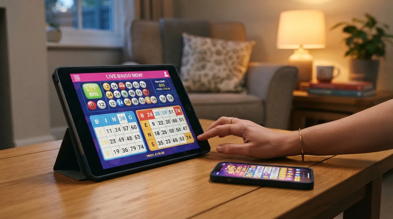 Een live bingokamer met getallenbord en bingokaarten naast een Slingo-raster