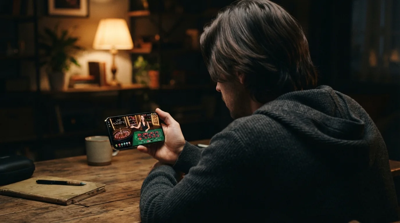 Live dealer aan een roulettetafel via een casino-app op een telefoon