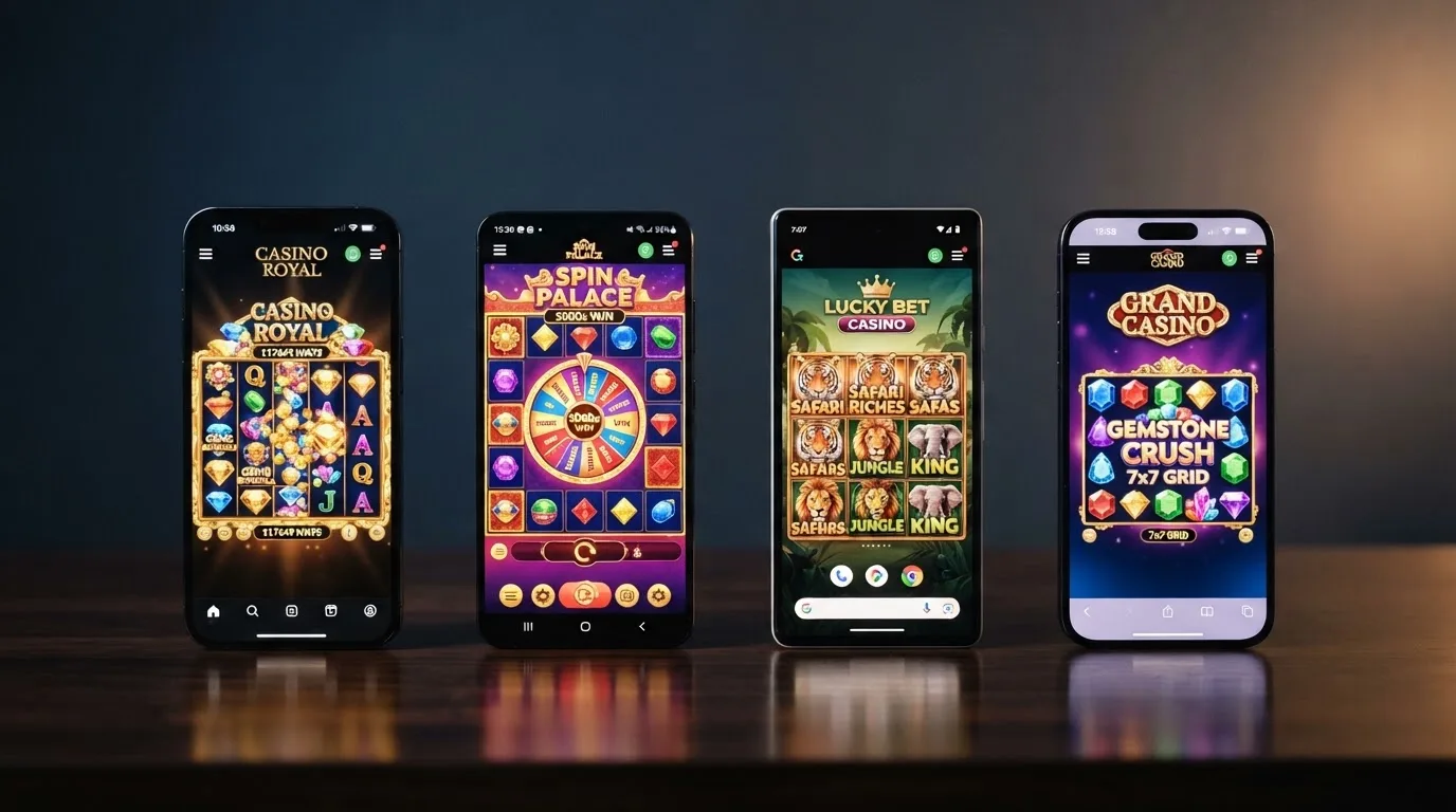 Een rij speelschermen van Nederlandse online casino's met Megaways-slots in het aanbod