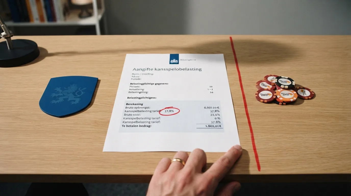 Een document van de Belastingdienst met kansspelbelastingaangifte naast het Ksa-logo, met een rode scheidslijn die een offshore casino scheidt van een Nederlands bankafschrift