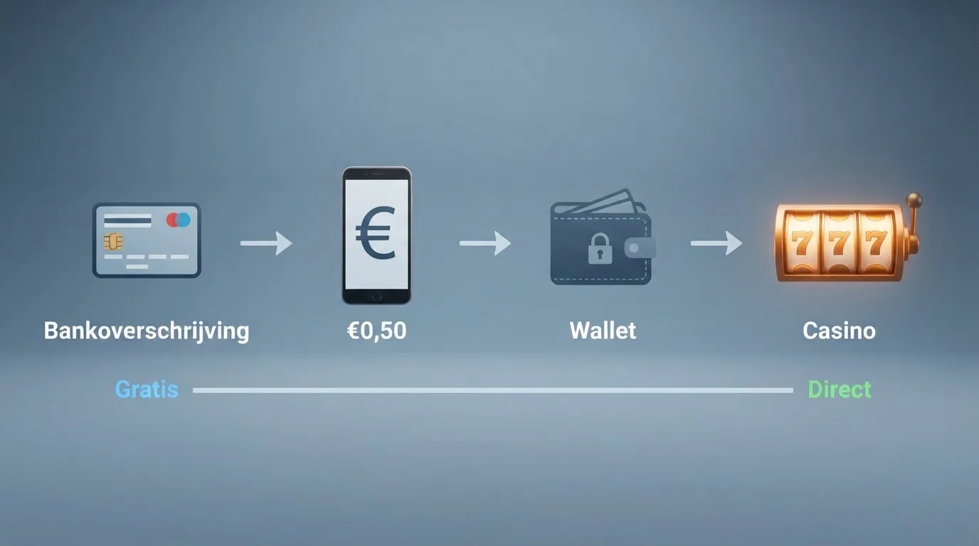 Een stappenschema van MiFinity-wallet opwaarderen met iDEAL tot casinosaldo, met zichtbare eurobedragen en verwerkingstijden