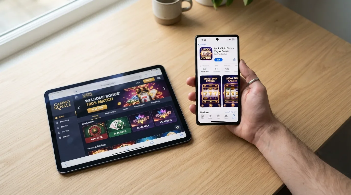 Hand die een casino-app downloadt op een smartphone naast een tablet