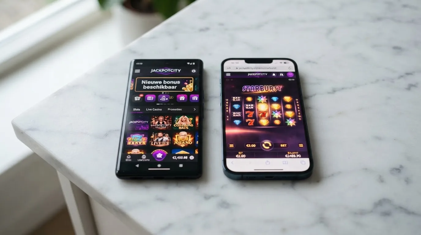 Twee smartphones naast elkaar: de linker toont een casino-app met pushnotificatie, de rechter toont hetzelfde spel in de mobiele browser