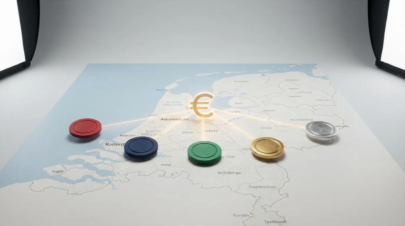 Een rij van Nederlandse casino-logo's (TOTO, Holland Casino, BetCity, Unibet, bet365) op een kaart van Nederland, met iDEAL als verbindend betaallogo in het midden