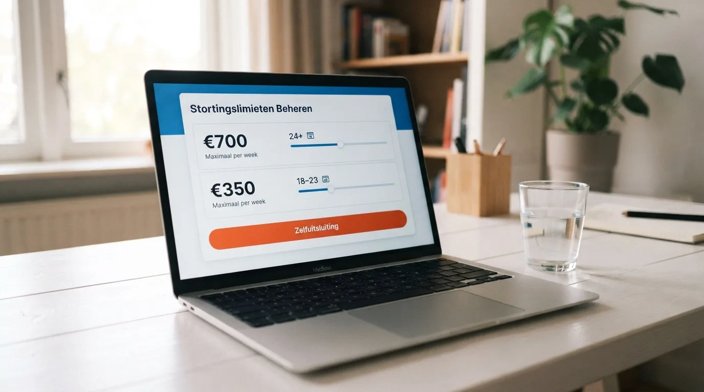 Een scherm toont Nederlandse stortingslimieten en een knop voor het uitsluitingsregister