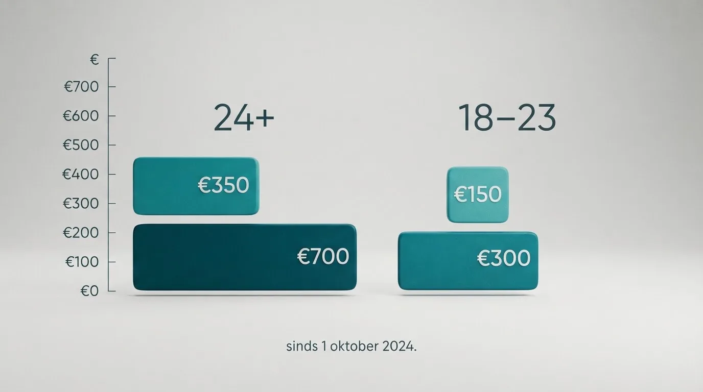 Overzicht van twee limietniveaus: €350 en €700 voor 24-plus, €150 en €300 voor 18 tot 23 jaar