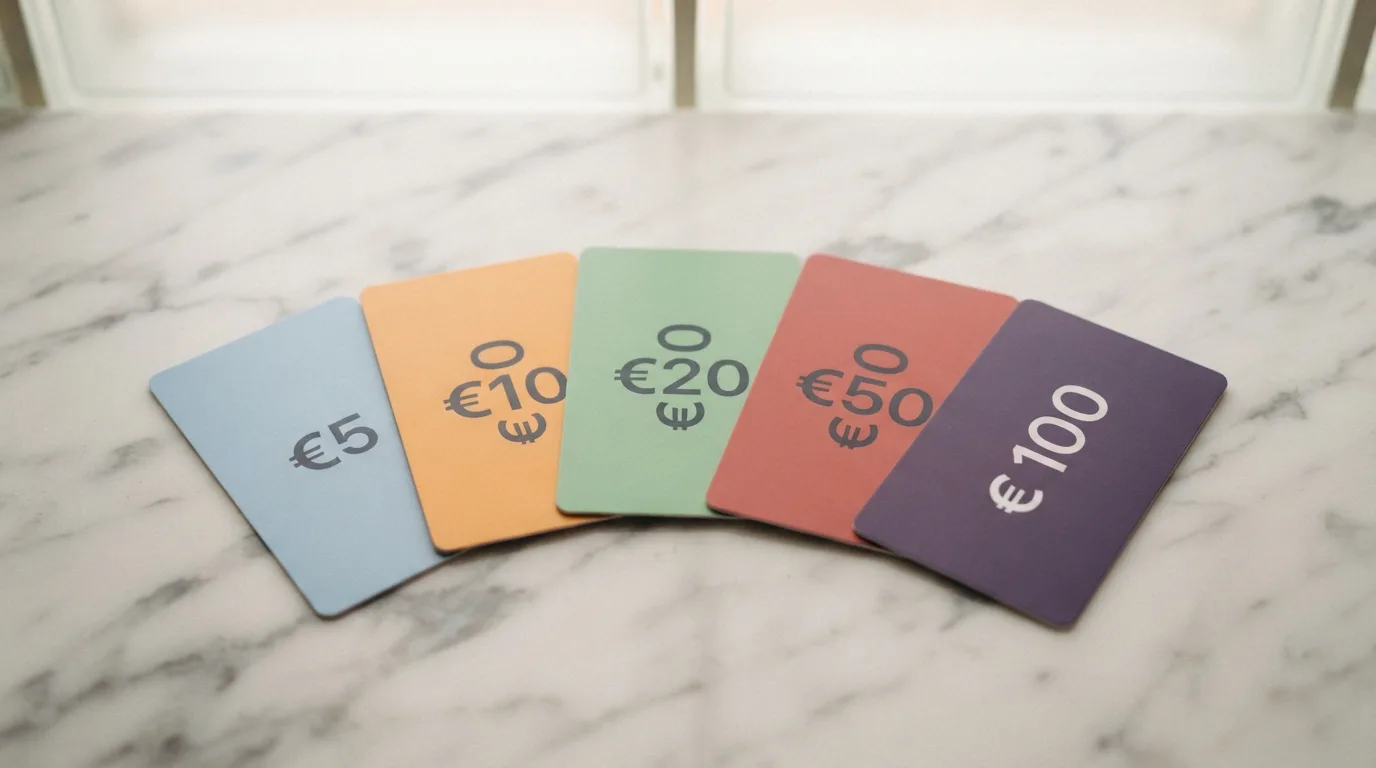 Een waaier aan Neosurf-tegoedbonnen van €5 tot €100