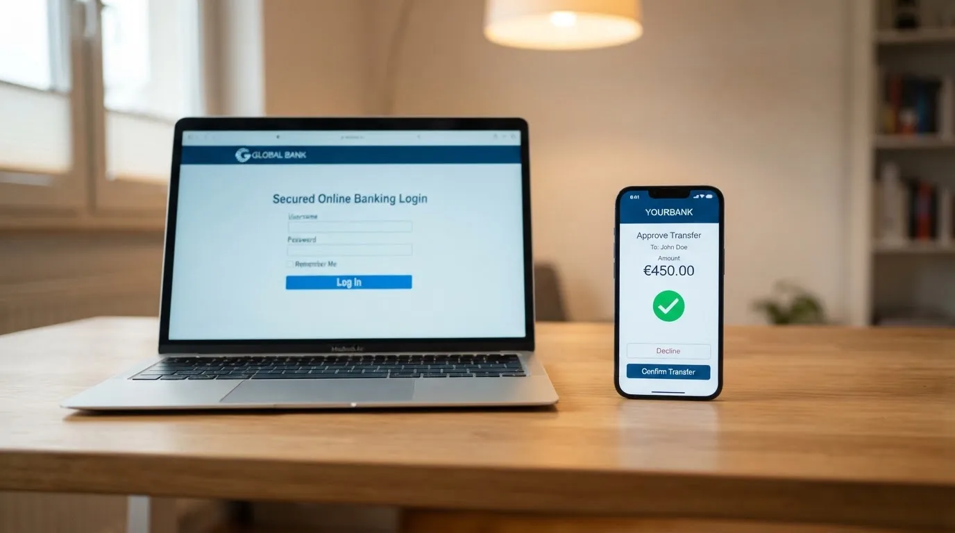 Een laptopscherm toont de NodaPay-bankredirect-stap waarbij de speler inlogt bij zijn eigen bank, met een mobiele telefoon ernaast die een bank-app toont