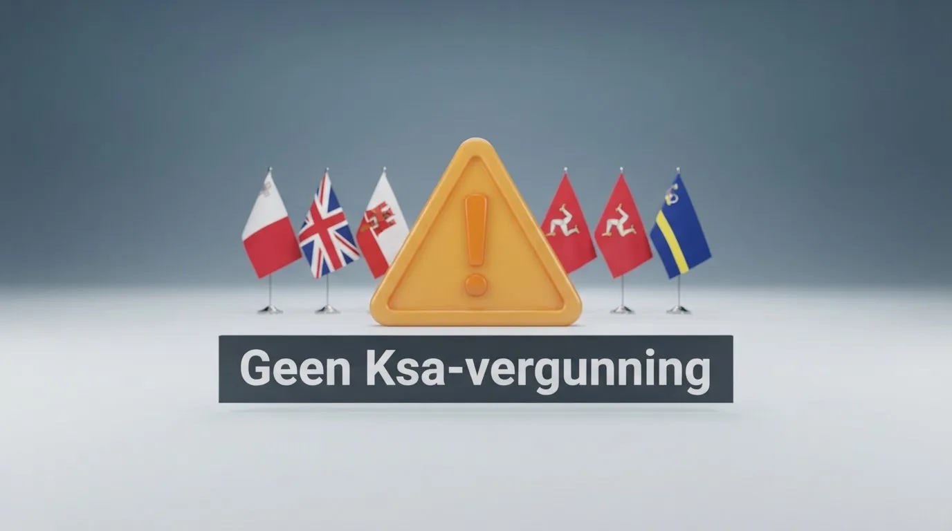 Een waarschuwingssymbool boven een rij vlaggen van landen met bekende goklicenties, met de tekst “Geen Ksa-vergunning” in het Nederlands.