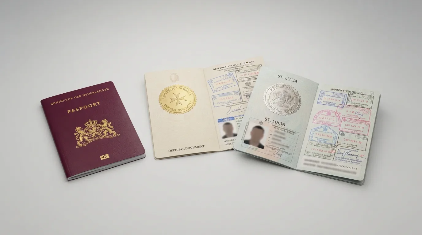 Een Nederlands paspoort naast twee buitenlandse vergunningsdocumenten met stempels uit Malta en Curaçao