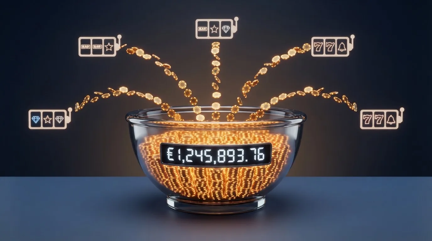 Schematische weergave van hoe een progressieve jackpot oploopt: meerdere spelers dragen via hun inzet bij aan één centrale jackpotpot die zichtbaar groeit