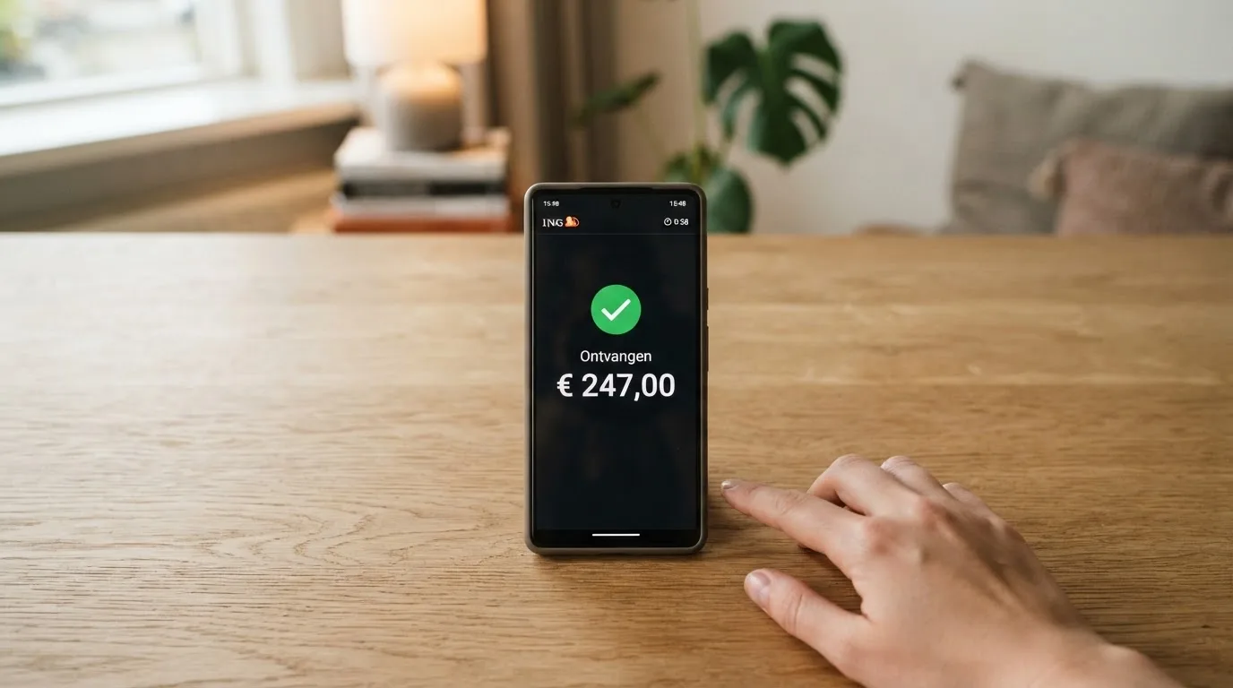 Een smartphone met een bank-app die een directe casino-uitbetaling toont, met zichtbaar het Trustly-logo en een tijdsaanduiding van minder dan één minuut