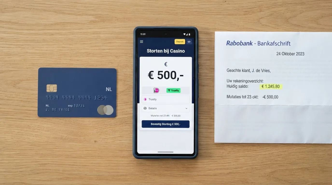 Close-up van een Mastercard naast een smartphone met een openstaande casino-stortingspagina en een bankafschrift