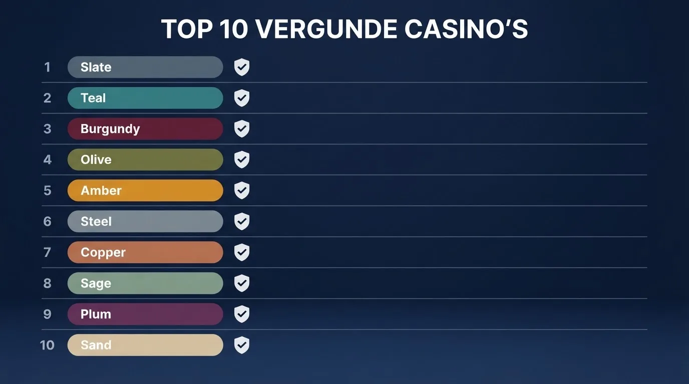 Tien casinologo's onder elkaar, elk met een vergunningsnummer op de rij