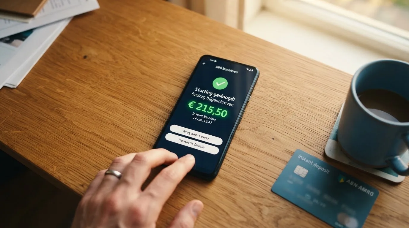 Een bank-app op een smartphone die een directe Trustly-storting bevestigt met het bedrag en de ontvanger in beeld.